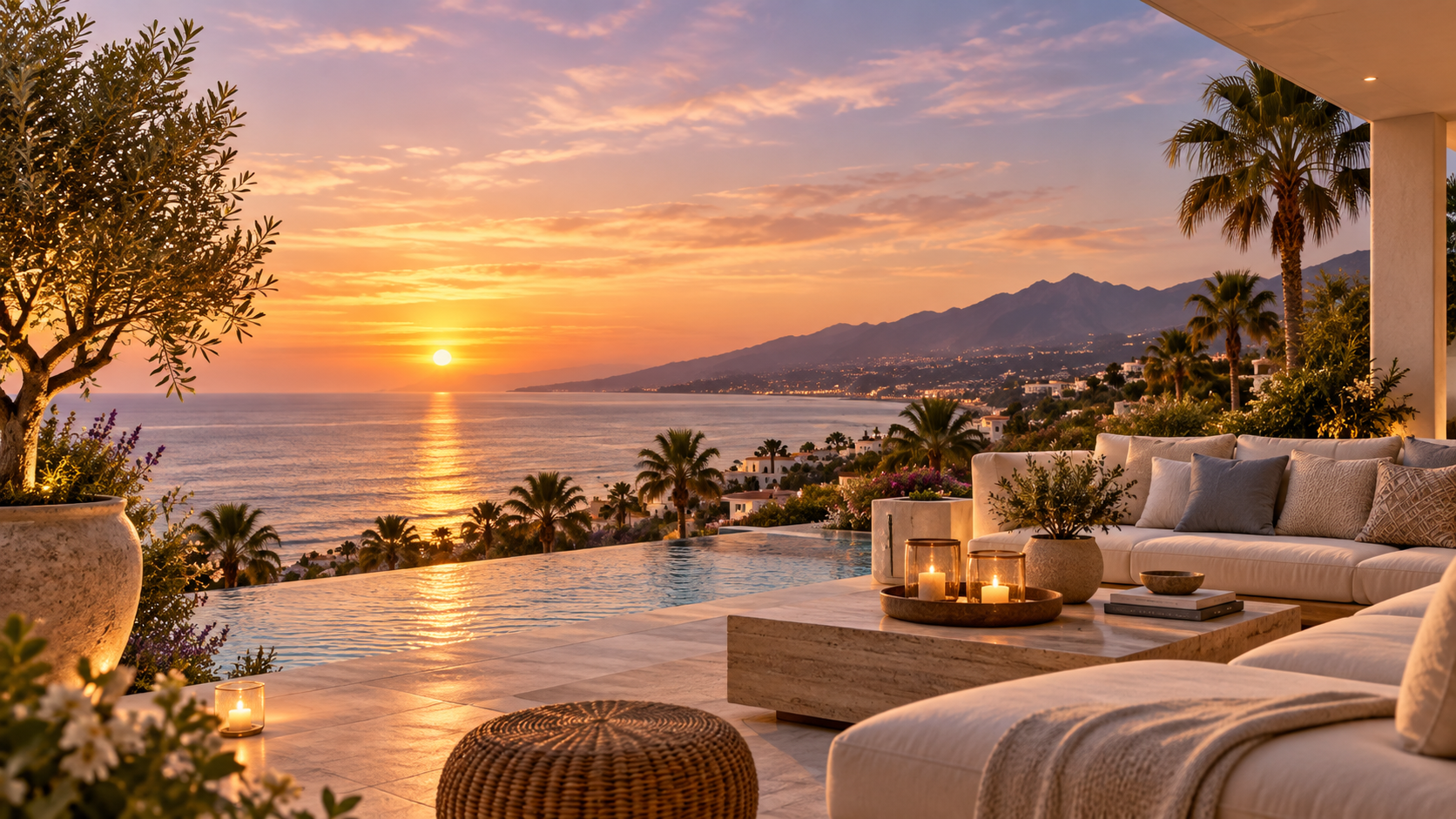 Mediterranean villa overlooking the Costa del Sol at sunset